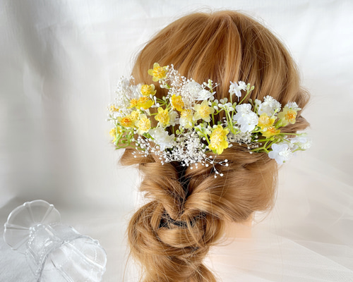 イエロー 小花 かすみ草 ヘッドドレス ブライダル ウエディング ヘア
