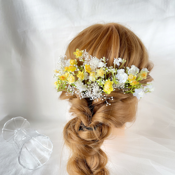 イエロー　小花　かすみ草　ヘッドドレス　ブライダル　ウエディング　ヘアアクセサリー　造花　ブライダルアクセサリー　 2枚目の画像