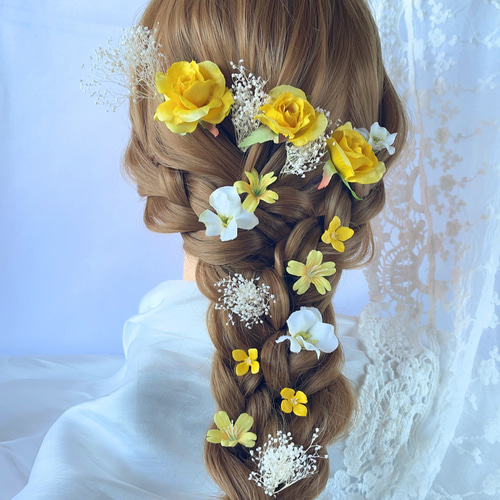 イエロー 小花 かすみ草 ヘッドドレス ブライダル ウエディング ヘア