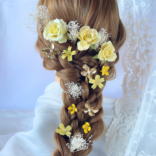 イエロー 小花 かすみ草 ヘッドドレス ブライダル ウエディング ヘア