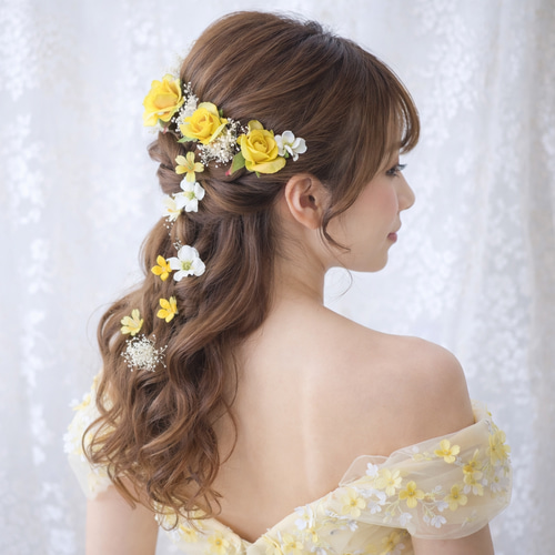 イエロー 小花 かすみ草 ヘッドドレス ブライダル ウエディング ヘア