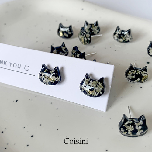 和風黒猫ピアス ドライフラワー レジンアクセサリー 通勤通学デイリー