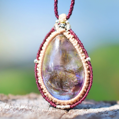 2箇所☆古代の水入り☆アメシスト水晶 マクラメネックレス1253