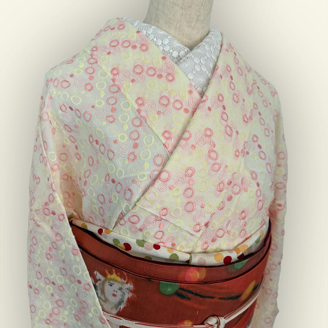 着物 単衣 刺繍 ピンクとイエローのドット きもの コットン 水玉 カジュアル