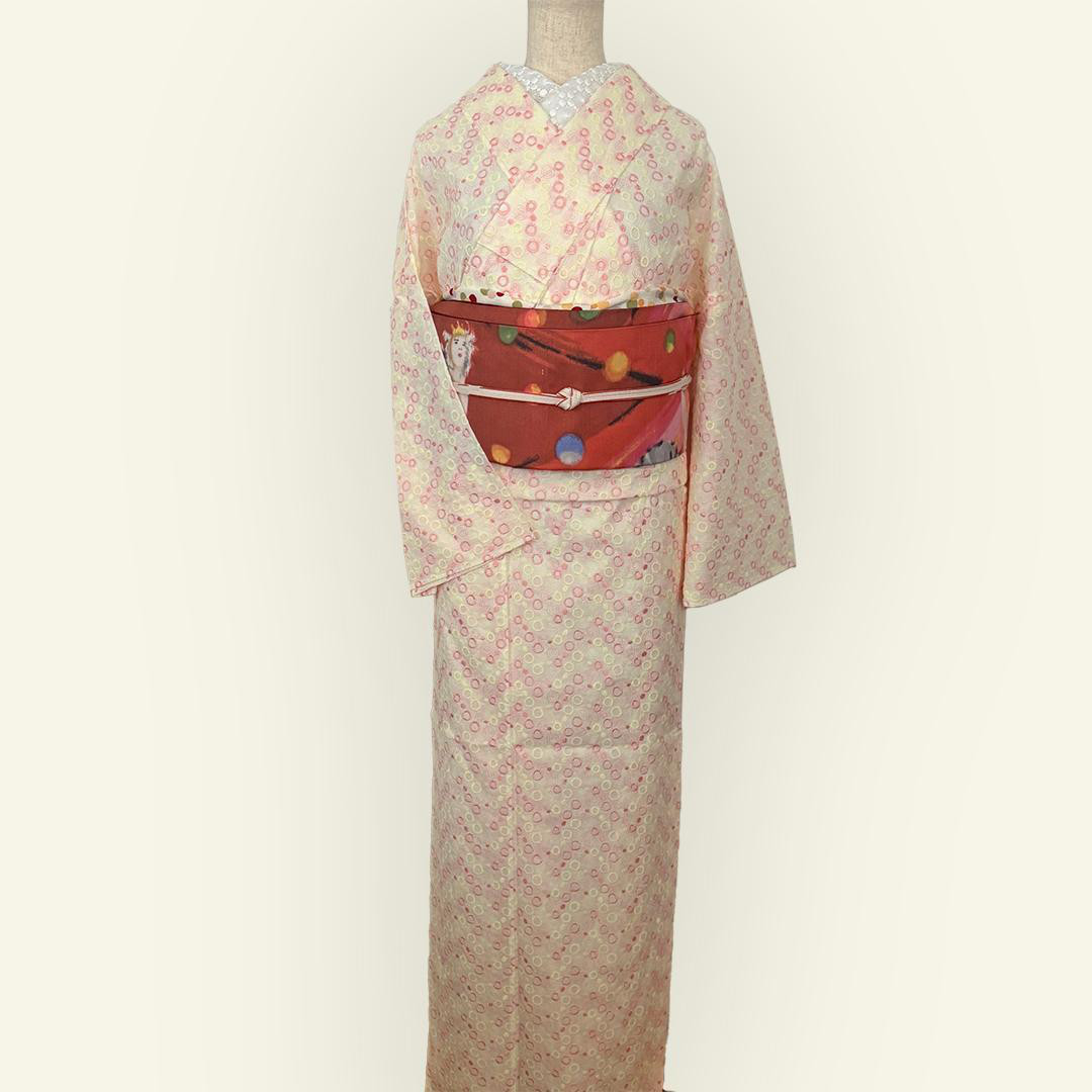 着物 単衣 刺繍 ピンクとイエローのドット きもの コットン 水玉 カジュアル
