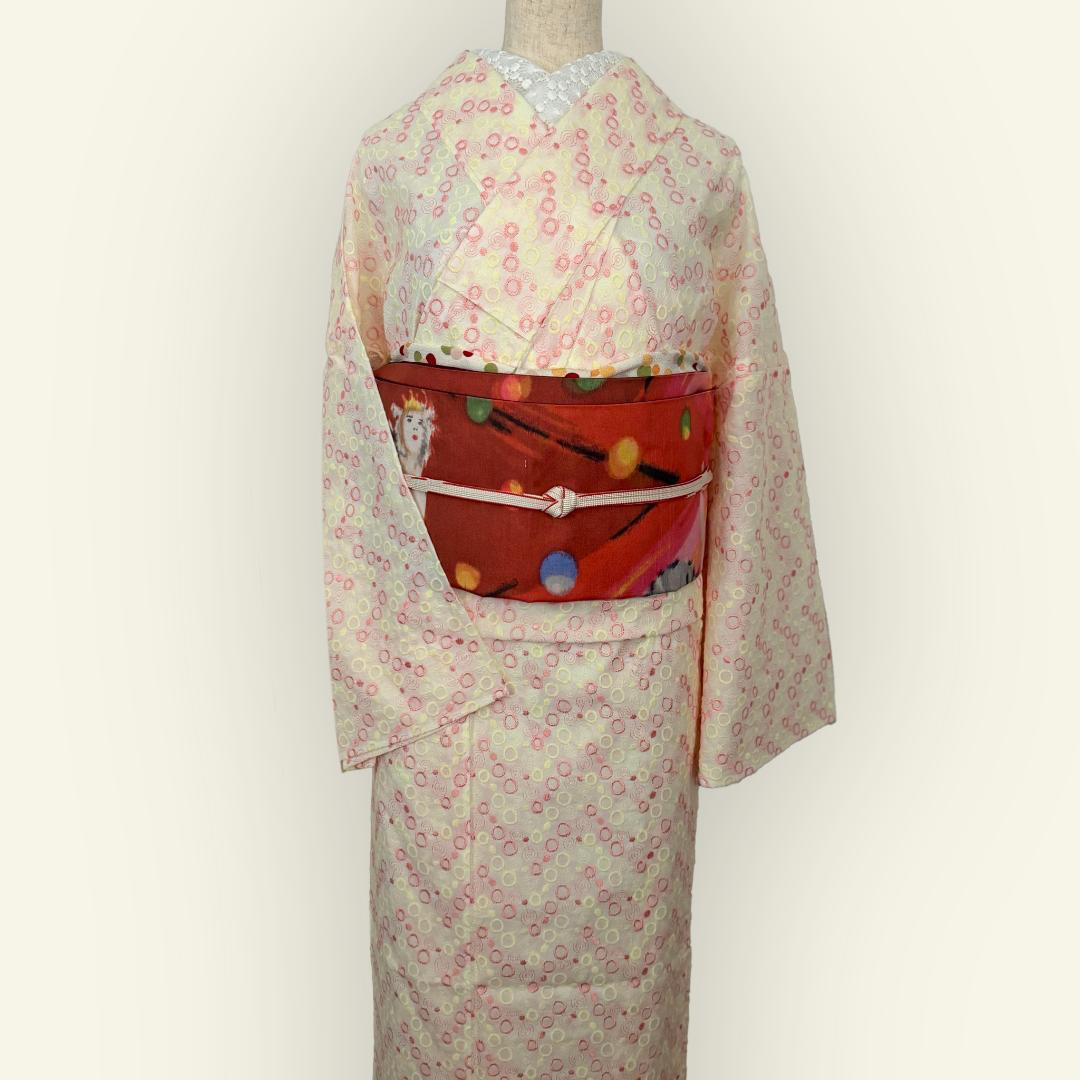 着物 単衣 刺繍 ピンクとイエローのドット きもの コットン 水玉 カジュアル