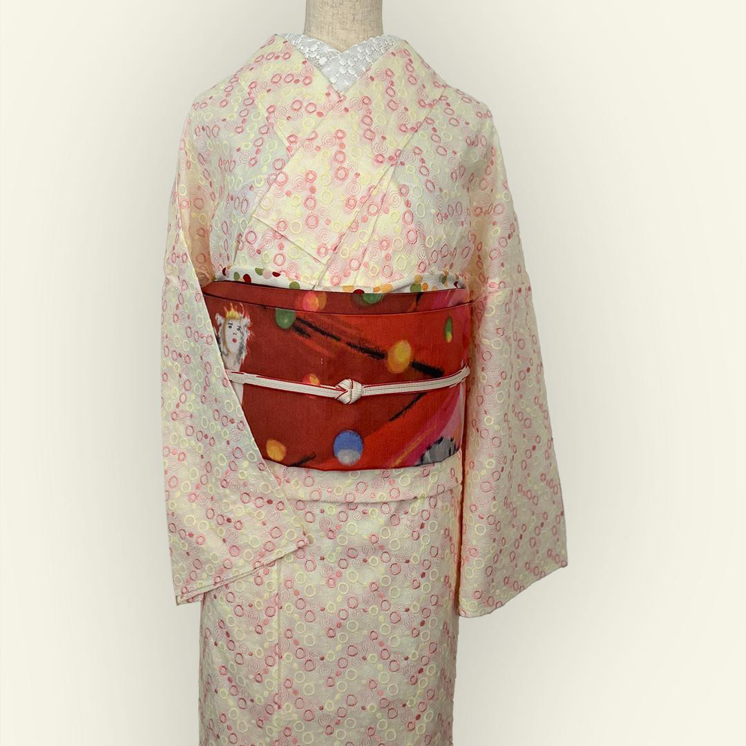 着物 単衣 刺繍 ピンクとイエローのドット きもの コットン 水玉 カジュアル