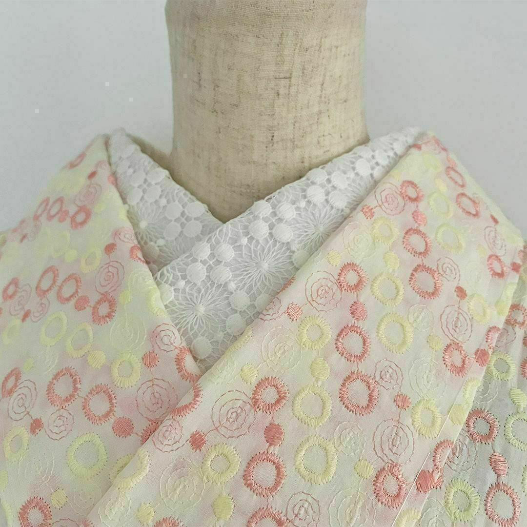 着物 単衣 刺繍 ピンクとイエローのドット きもの コットン 水玉 カジュアル