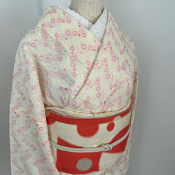 着物 単衣 刺繍 ピンクとイエローのドット きもの コットン 水玉 カジュアル 2枚目の画像