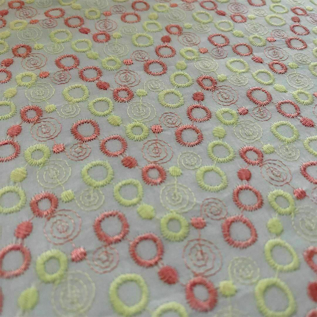 着物 単衣 刺繍 ピンクとイエローのドット きもの コットン 水玉 カジュアル