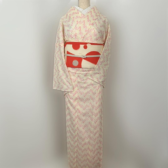 着物 単衣 刺繍 ピンクとイエローのドット きもの コットン 水玉 カジュアル 6枚目の画像
