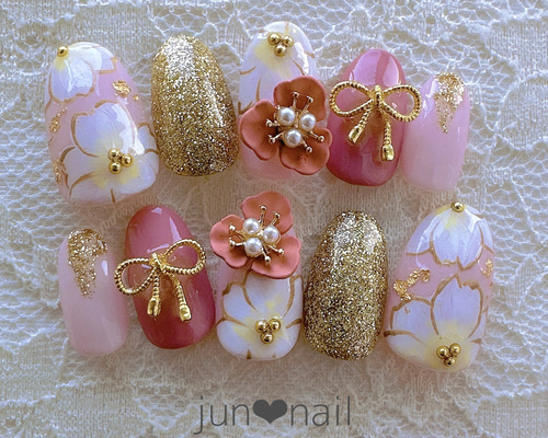 成人式用ネイル 成人式ネイル♡白ピンク ネイルチップ（つけ爪） jun❤︎nail 通販