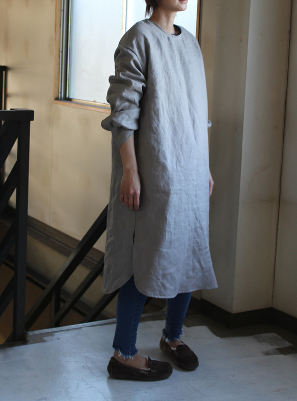 pullover long shirt/丸襟＊french linen100%　富士吉田染 7枚目の画像