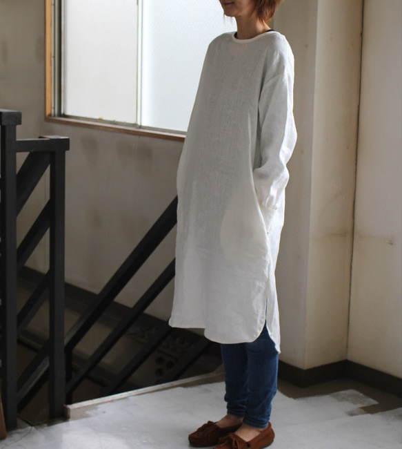 pullover long shirt/丸襟＊french linen100%　富士吉田染 12枚目の画像