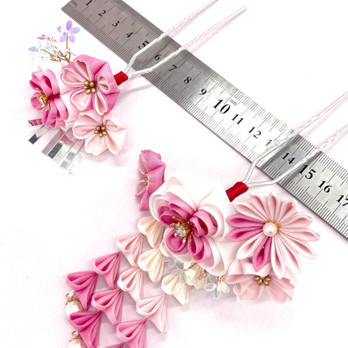 キラキラお花スパンコールの桃色付くし髪飾り つまみ細工 七五三 浴衣