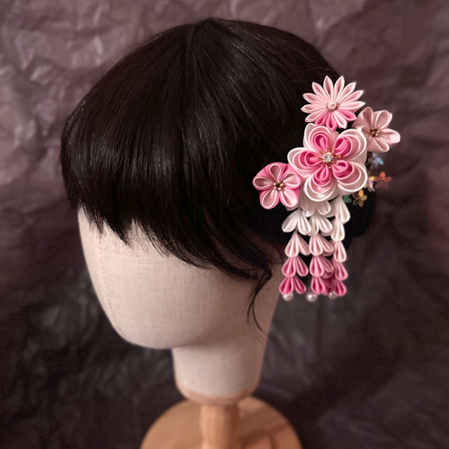 キラキラお花スパンコールの桃色付くし髪飾り つまみ細工 七五三 浴衣