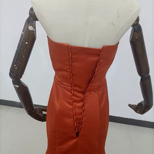 高品質！テラコッタ色 パーティードレス ベアトップ 取り外しリボン  