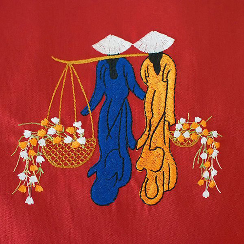 ベトナム 刺繍 巾着 大（アオザイ 天秤棒と花 37×28 ポーチ