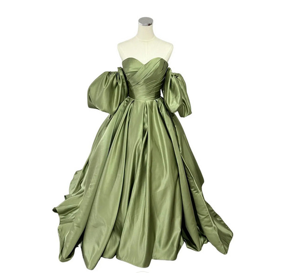 人気上昇！パーティードレス グリーン ベアトップ 背中見せ 取り外し袖  