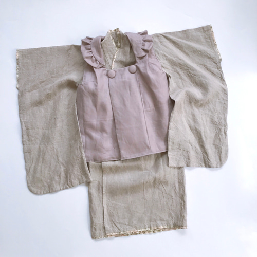 ナチュラルリネン着物&リバーシブル被布set 七五三 3歳 女の子 753