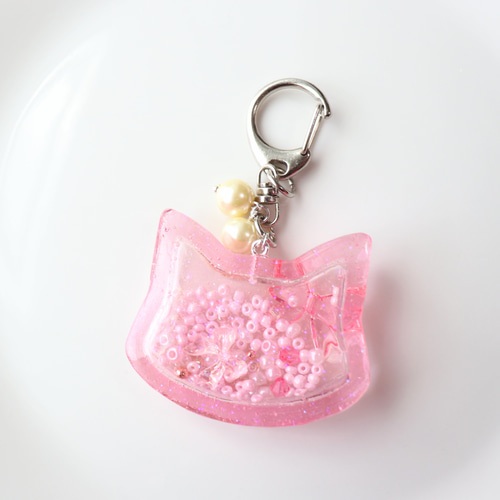 ねこ シャカシャカ キーホルダー レジン シェイカー ピンク
