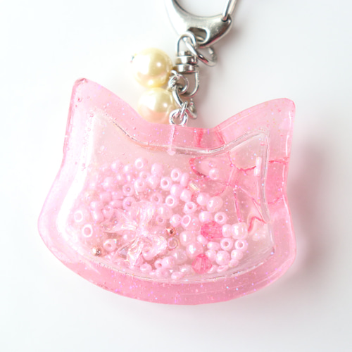 ねこ シャカシャカ キーホルダー レジン シェイカー ピンク