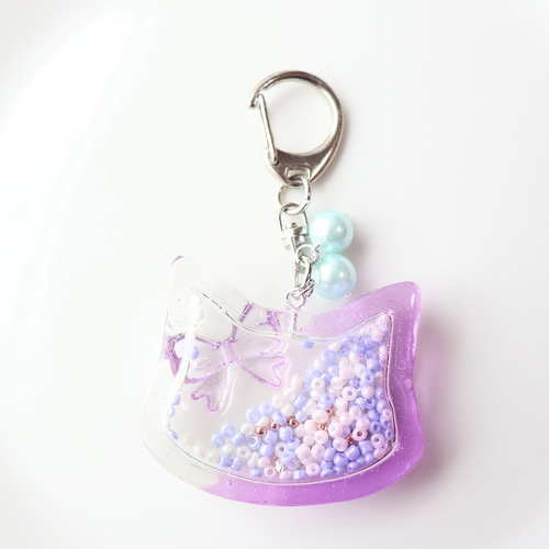 ねこ シャカシャカ キーホルダー レジン シェイカー グラデーション