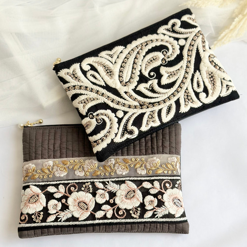 インド刺繍リボンが目を惹くポーチ お薬手帳ケース 通帳ポーチ