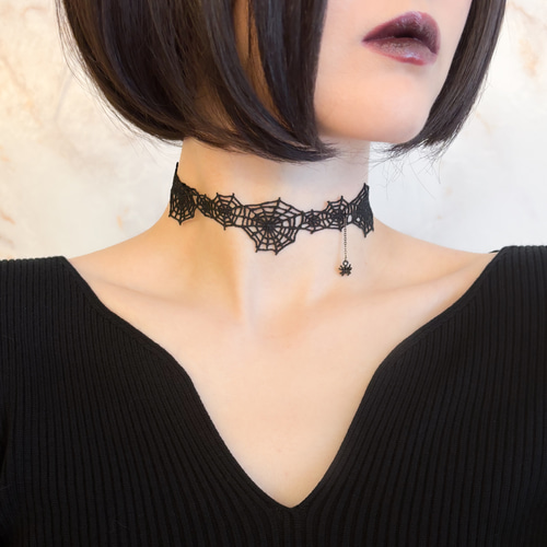 月夜に滴る蜘蛛の糸：蜘蛛の巣の黒レースチョーカー SV571 チョーカー