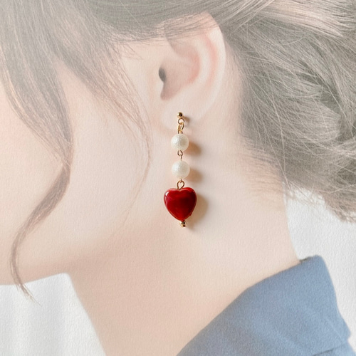 マーブルハートとパールのピアス♡イヤリング クリスマス バレンタイン 