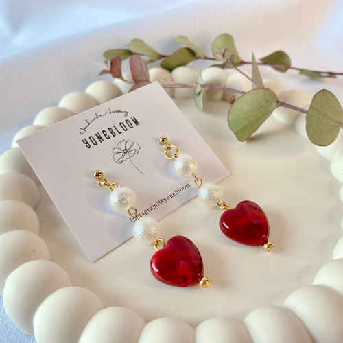 マーブルハートとパールのピアス♡イヤリング クリスマス バレンタイン 