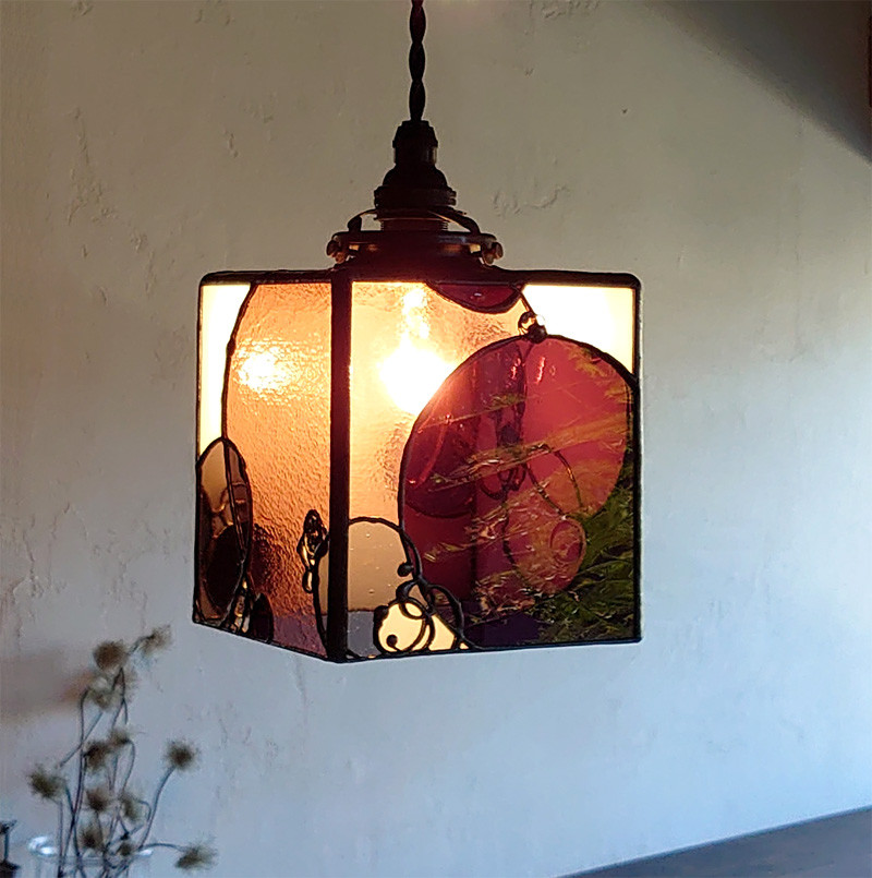 【再販】ガラスライトシェード・白と泡と深紫3046・灯具付き