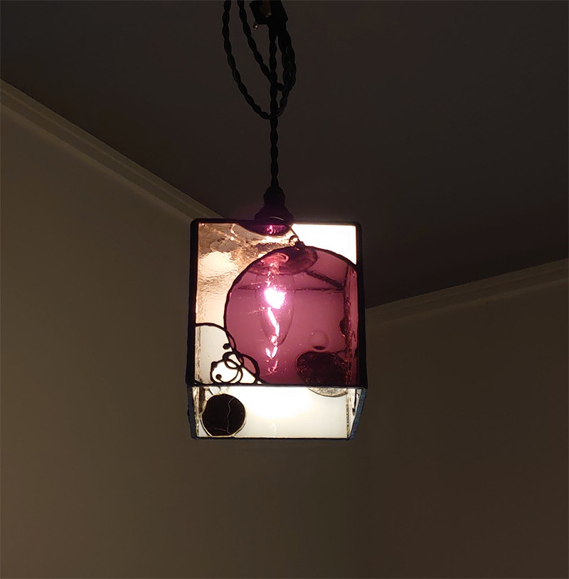 【再販】ガラスライトシェード・白と泡と深紫3046・灯具付き