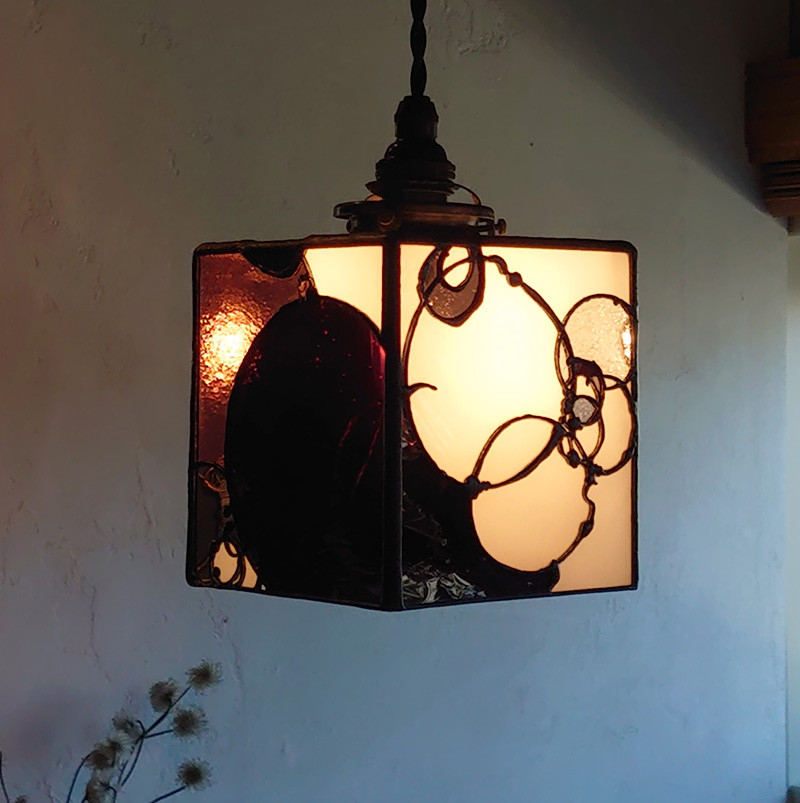 【再販】ガラスライトシェード・白と泡と深紫3046・灯具付き