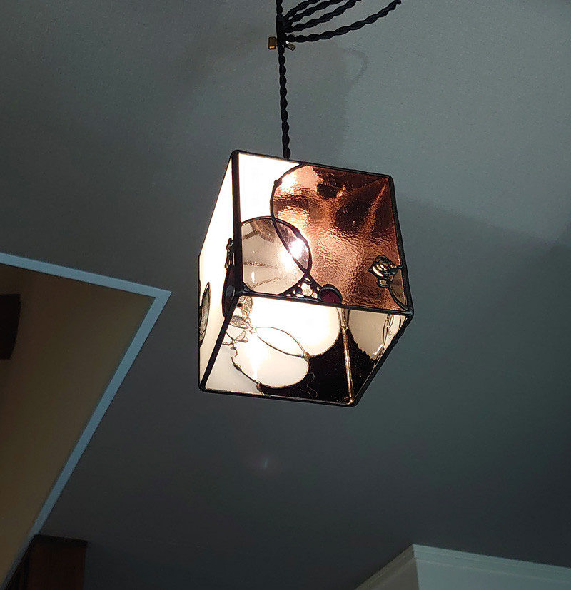 【再販】ガラスライトシェード・白と泡と深紫3046・灯具付き