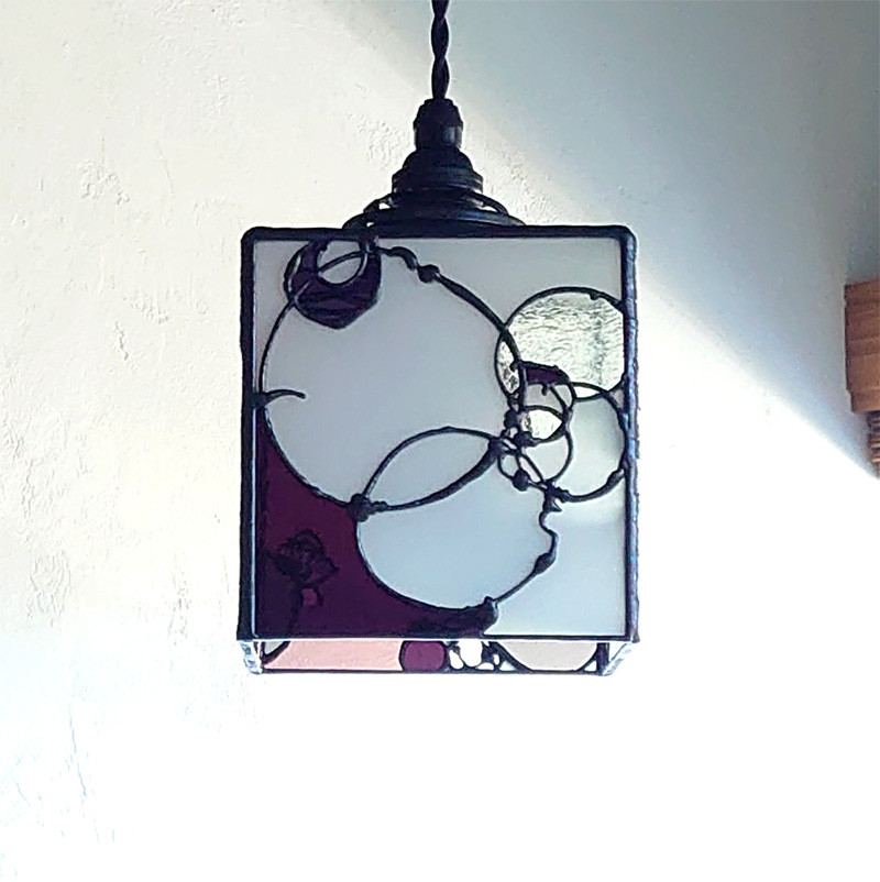 【再販】ガラスライトシェード・白と泡と深紫3046・灯具付き