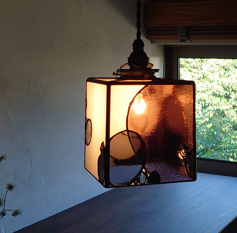 【再販】ガラスライトシェード・白と泡と深紫3046・灯具付き