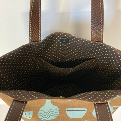 「壺」のプリントのバケツ型バッグ　　焦げ茶＆ブル―グレー　#155 5枚目の画像