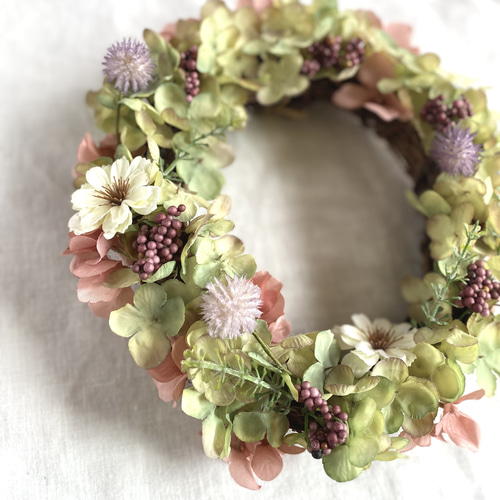 秋色紫陽花のリース 〜儚げリース〜 アンティークアジサイの秋リース 