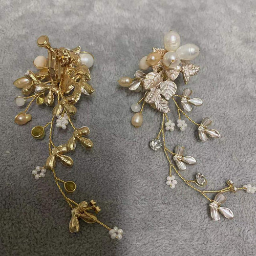 ヘッドドレス&イヤリング2点セット 花&パールゴールド