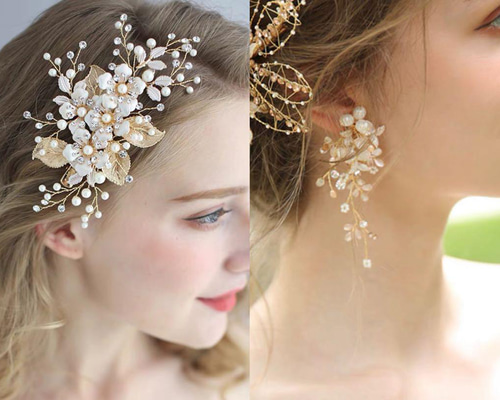 小花ゴールド　ヘッドドレス・イヤリングセット ヘッドドレス&イヤリング2点セット 花&パールゴールド