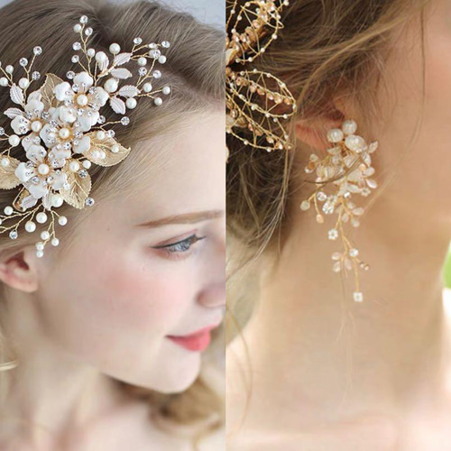 ヘッドドレス&イヤリング2点セット 花&パールゴールド