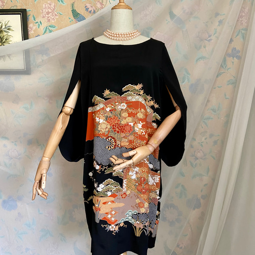3L～4Lサイズ 黒留袖からの着物リメイクドレスです 着丈