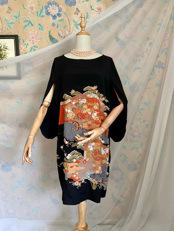 正絹 作家物 風景 多彩 留袖リメイクケープドレス 正絹 作家物 風景