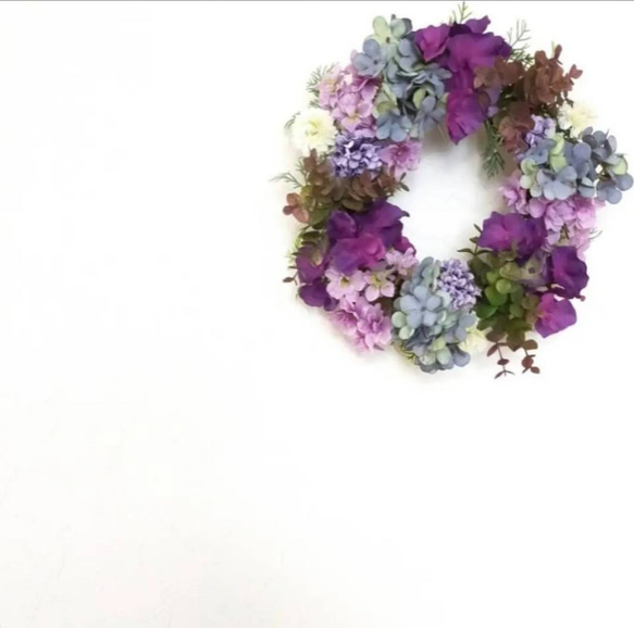 30cm パープルブルーのふんわり紫陽花リース 秋の贈り物 6枚目の画像