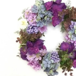 30cm パープルブルーのふんわり紫陽花リース 秋の贈り物 4枚目の画像