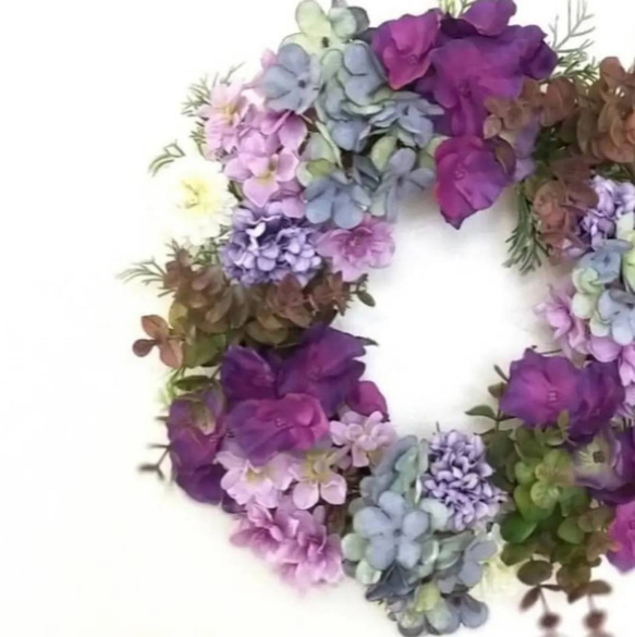 30cm パープルブルーのふんわり紫陽花リース 秋の贈り物 4枚目の画像