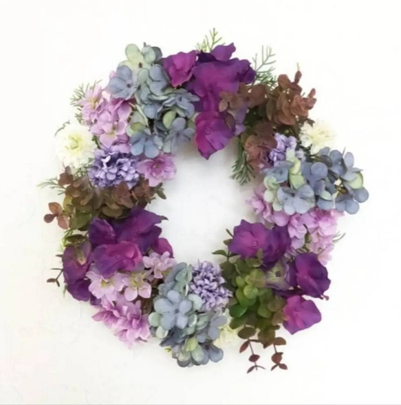 30cm パープルブルーのふんわり紫陽花リース 秋の贈り物 7枚目の画像