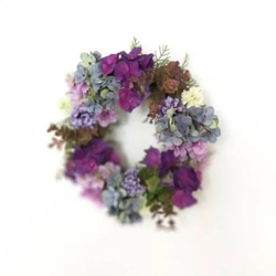 30cm パープルブルーのふんわり紫陽花リース 秋の贈り物 3枚目の画像