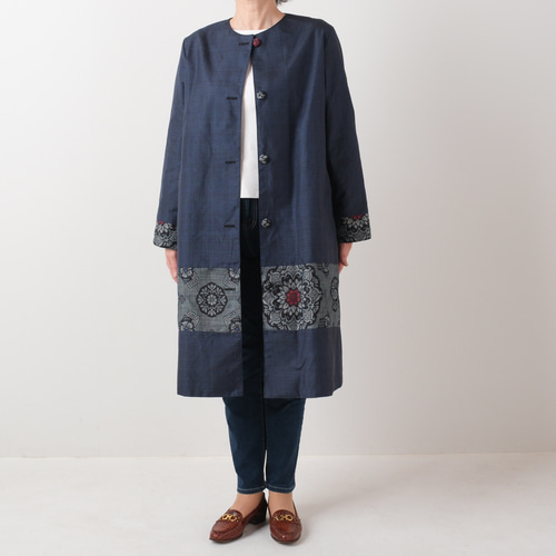 アンティーク大島紬のパッチワークコート リバーシブル 青割り込み絣
